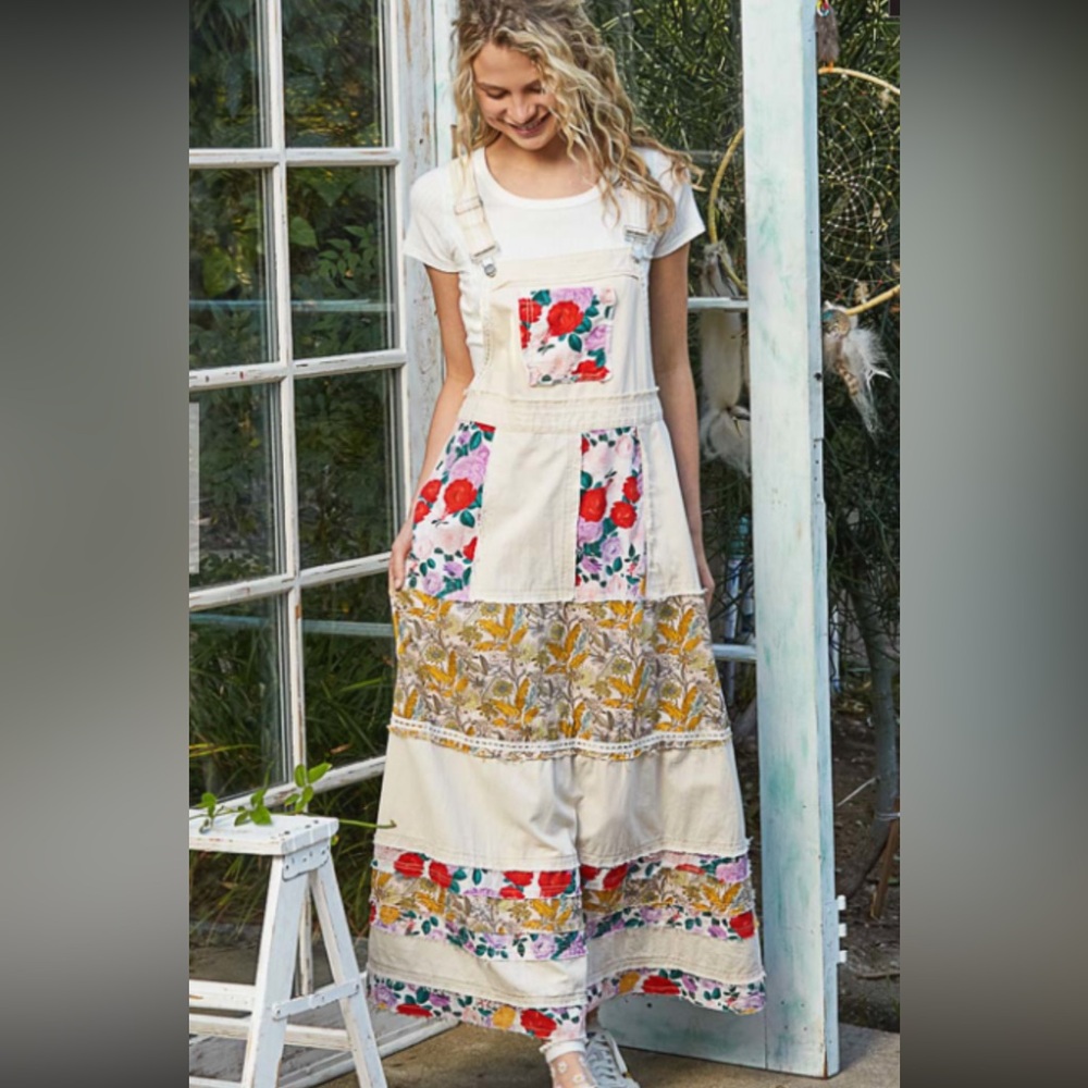 POL Mixed Print Patchwork Overall Dress in Oatmilk - Picture 4 of 11